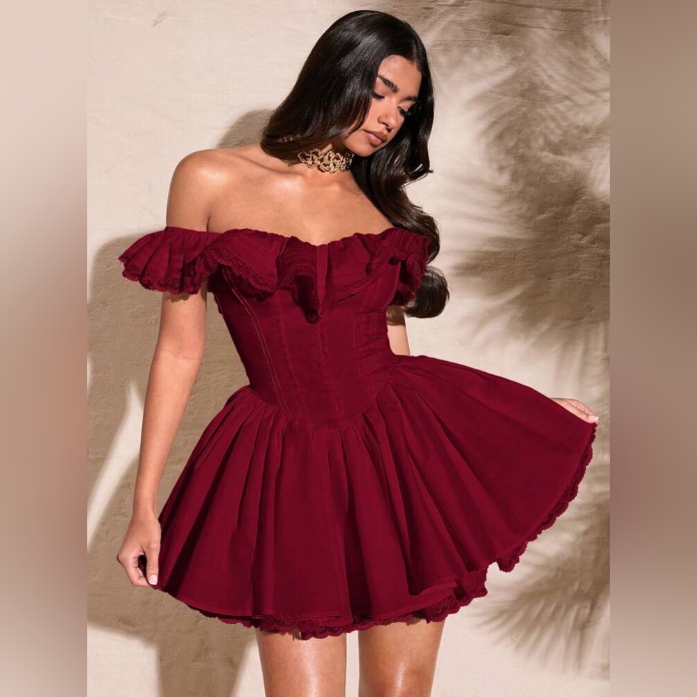 NWT SHEIN Bae Ruffle Holiday Fancy Elegant Burgundy Maroon Dress Flounce
